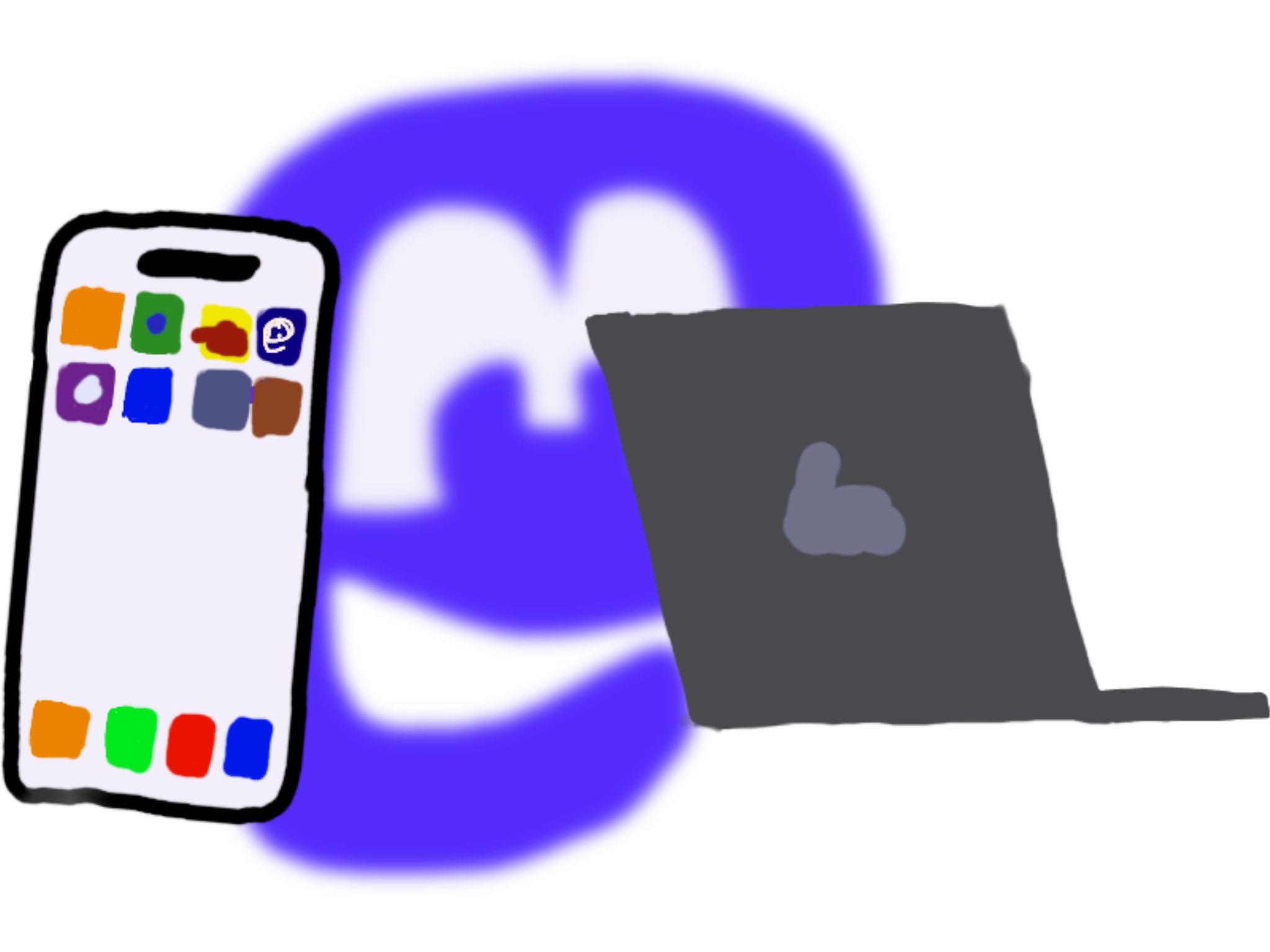 A handdrawn picture. It shows a smartphone on the left, a laptop computer on the right and a blurry Mastodon-logo in the background.